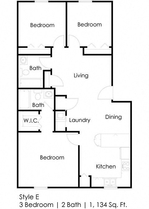 Floor plan for 3 beds, 2 baths, 1058 sqft